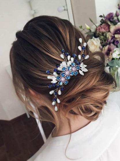 IYOU Blume Hochzeit Haar Kämme Marineblau Perle Braut Haarteil Florales Blatt Haarteil Bräute Brautjungfer Haarschmuck Für Frauen