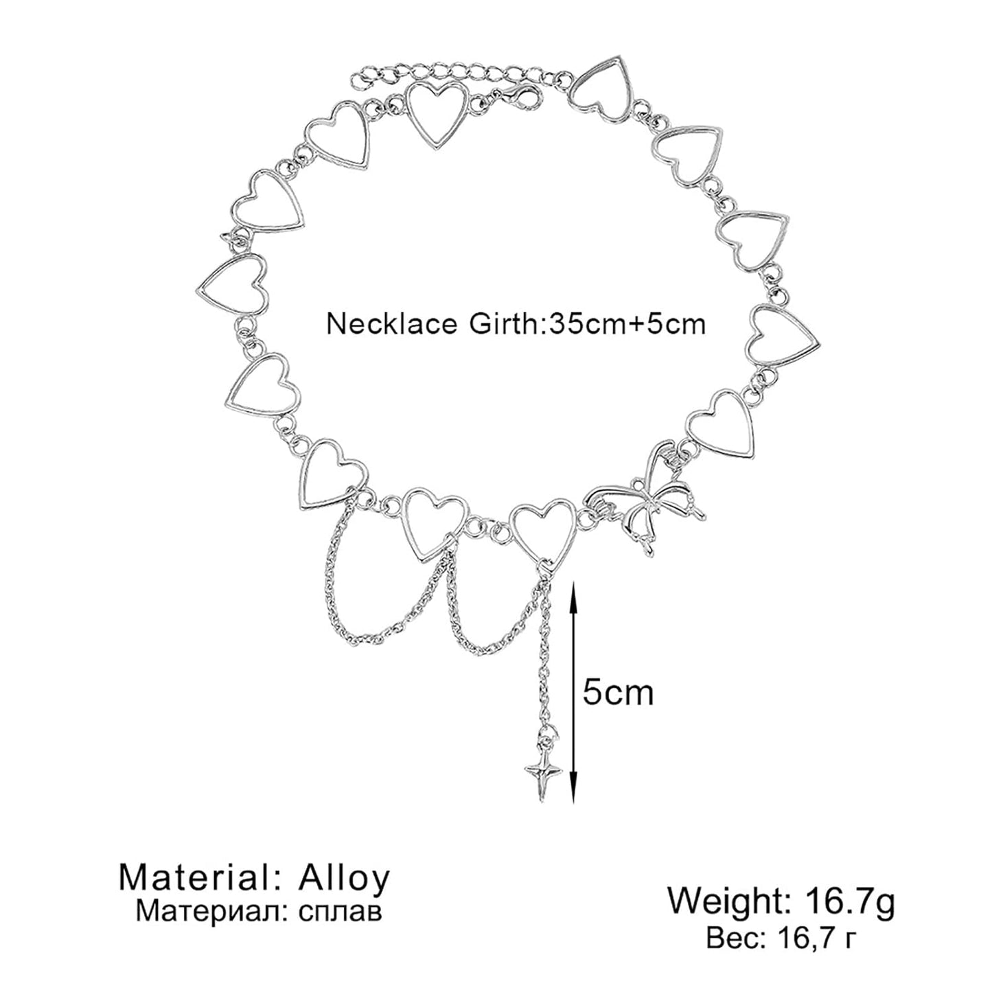 Schmetterlings-Herz-Halsband-Halskette Punk-Lariat-Kreis-Halsketten-Ketten-Höhlen-Stern-Liebes-Herz-Kragen-Schmucksachen Für Frauen-Mädchen (Silber A)