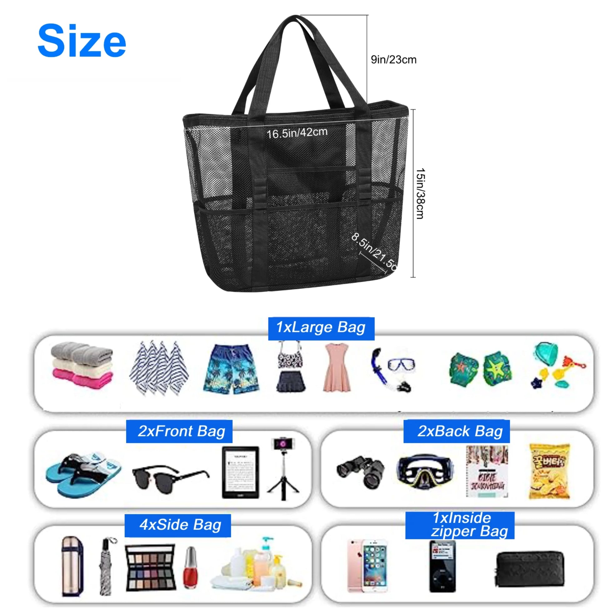 Mesh Beach Bag,  Large Mesh Beach Tote Bag with 9 Pockets, Swimming Travel Tote Bag, Foldable Beach Duffle Bag, Black