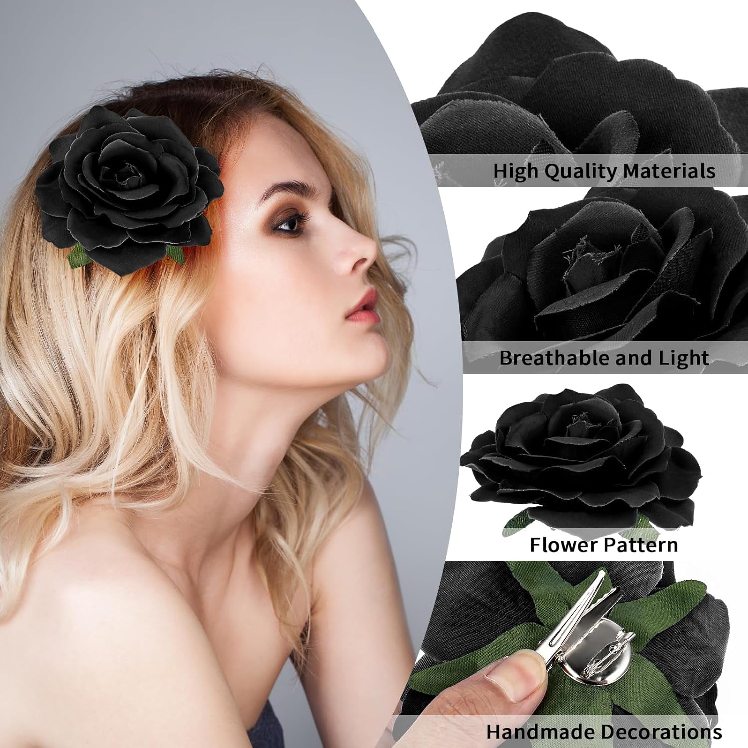 Schwarz Rosen Blumen Haarclip, Stoff Rose Haarblumen Clips Blume Haarnadel Kopfschmuck Blumenhüte Clip Für Frau Mädchen Reise Hochzeit Abschlussball Valentinstag