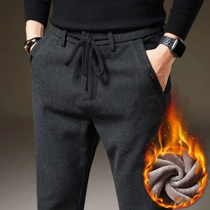 2024 Winter Neue Herren Warme Freizeit Hose Mode Gebürsteten Stoff Dicken Fleece Marke Schlanke Bürohose Männlich Schwarz