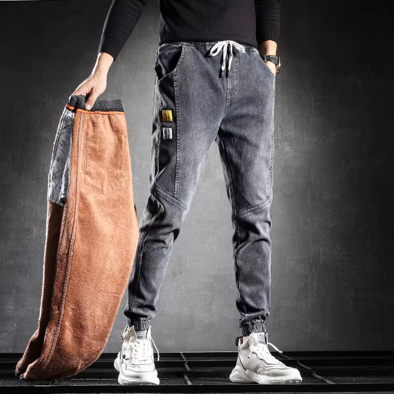 Neue Winter Dicke Fleece Warme Cargo Jeans Männer Schwarz Denim Jogger Baggy Harem Hosen Thermische Jean Hosen plus Größe