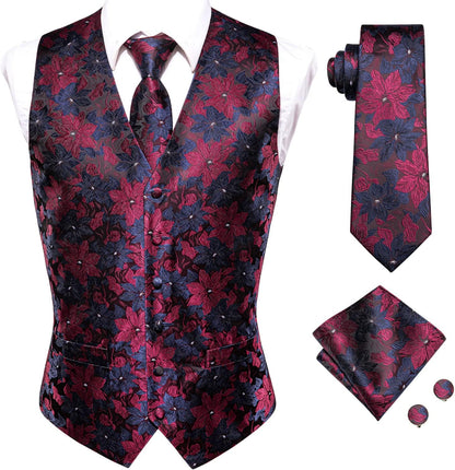 Mens Silk Suit Vest and Tie Handkerchief Set Jacquard Formal Dress Waistcoat for Wedding Party Tuxedo