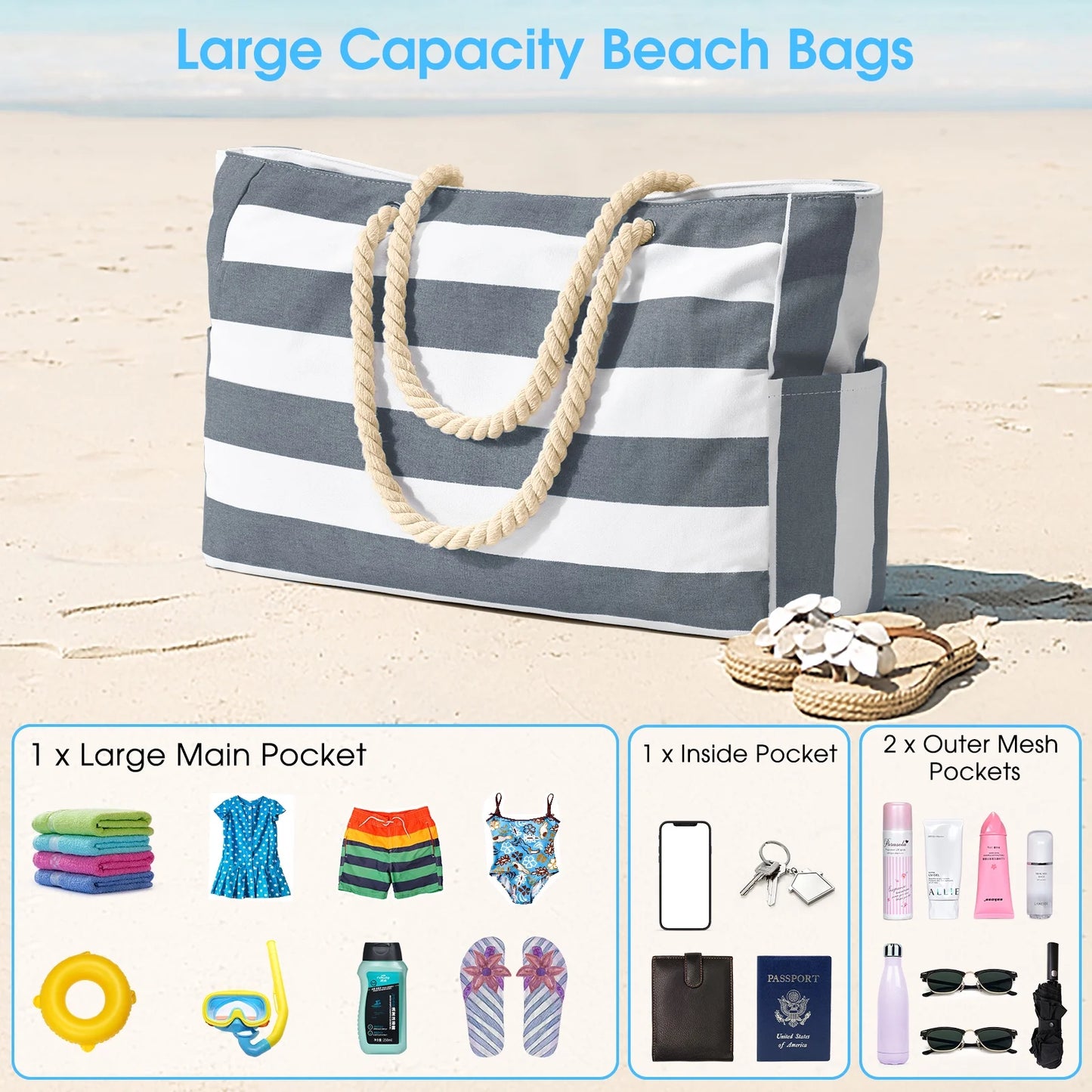 Beach Bag Large Beach Tote Bag for Women Travel Weekender Bag with Zipper Waterproof Swim Pool Bag Travel Beach Essential