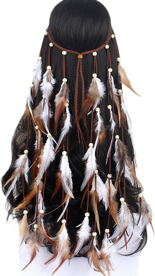 Feder Kopfschmuck Boho Hippie Stirnband - 1 Pcs Indian Feather Stirnband,Frauen Bohemien Feder Quasten Seil Weben Stirnband Gürtel Haarband Haarschmuck Hippie Boho Indisch Haarbänder