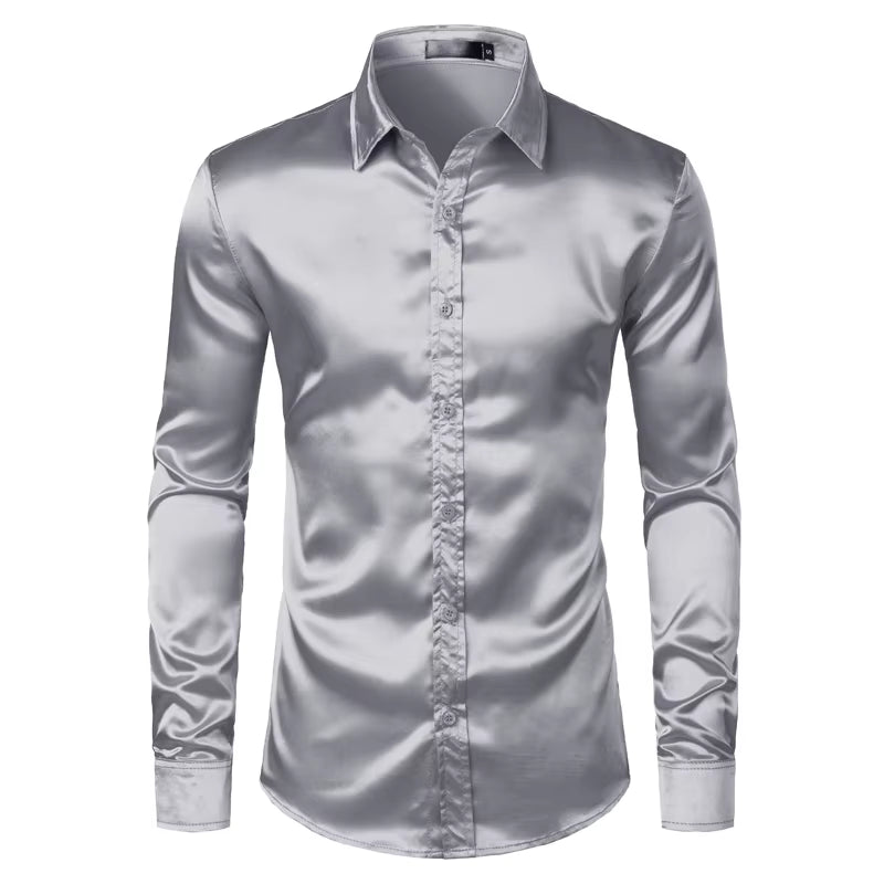 Männer Schwarz Satin Luxus Kleid Shirts 2023 Seide Glatte Männer Smoking Hemd Slim Fit Hochzeit Party Prom Casual Hemd Chemise Homme