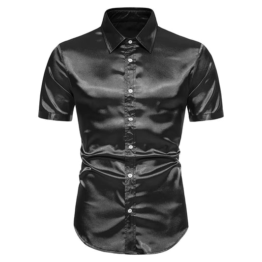 Männer Schwarz Satin Luxus Kleid Shirts 2023 Seide Glatte Männer Smoking Hemd Slim Fit Hochzeit Party Prom Casual Hemd Chemise Homme