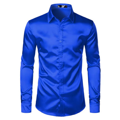 Männer Schwarz Satin Luxus Kleid Shirts 2023 Seide Glatte Männer Smoking Hemd Slim Fit Hochzeit Party Prom Casual Hemd Chemise Homme