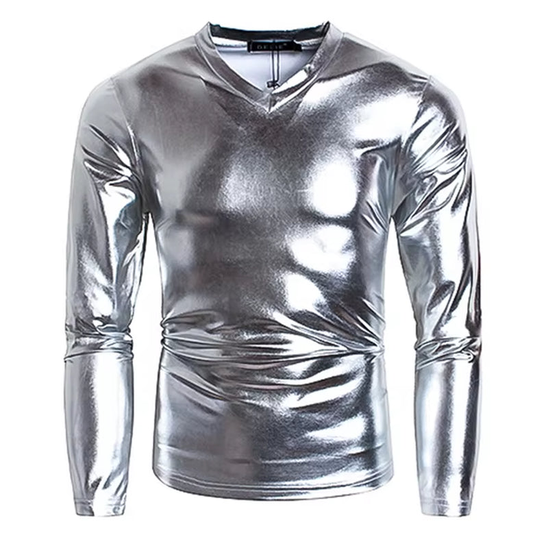 Männer V Neck Splitter Metallic Shiny T Hemd Disco Nachtclub Prom Lange Hülse T-Shirt Homme Hüfte Hop Halloween Karneval Streetwear