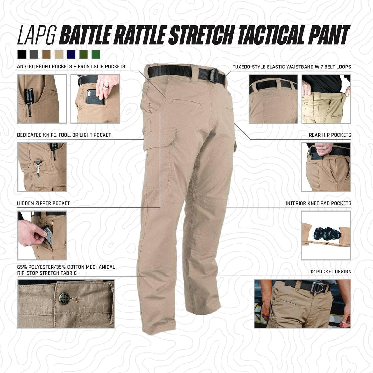 Men'S Battle Rattle Stretch Cargo Pants, Durable Ripstop Tactical Pants for Men, Stretch Waistband EDC Pants