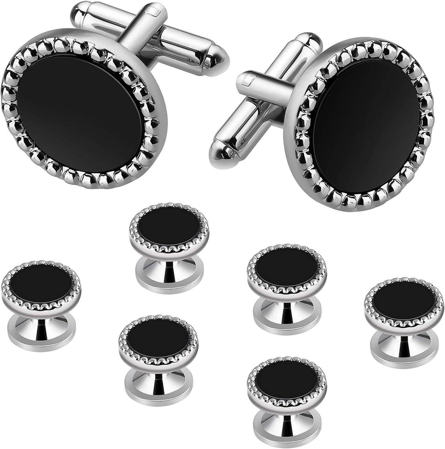 8Pcs Cufflinks and Studs Set, Classic Black Silver Tuxedo Buttons for Men, Button Covers for Tuxedo Shirt Business Wedding Formal Suit