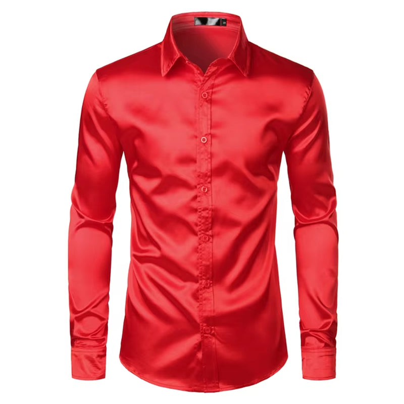 Männer Schwarz Satin Luxus Kleid Shirts 2023 Seide Glatte Männer Smoking Hemd Slim Fit Hochzeit Party Prom Casual Hemd Chemise Homme