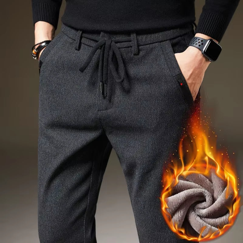 2024 Winter Neue Herren Warme Freizeit Hose Mode Gebürsteten Stoff Dicken Fleece Marke Schlanke Bürohose Männlich Schwarz