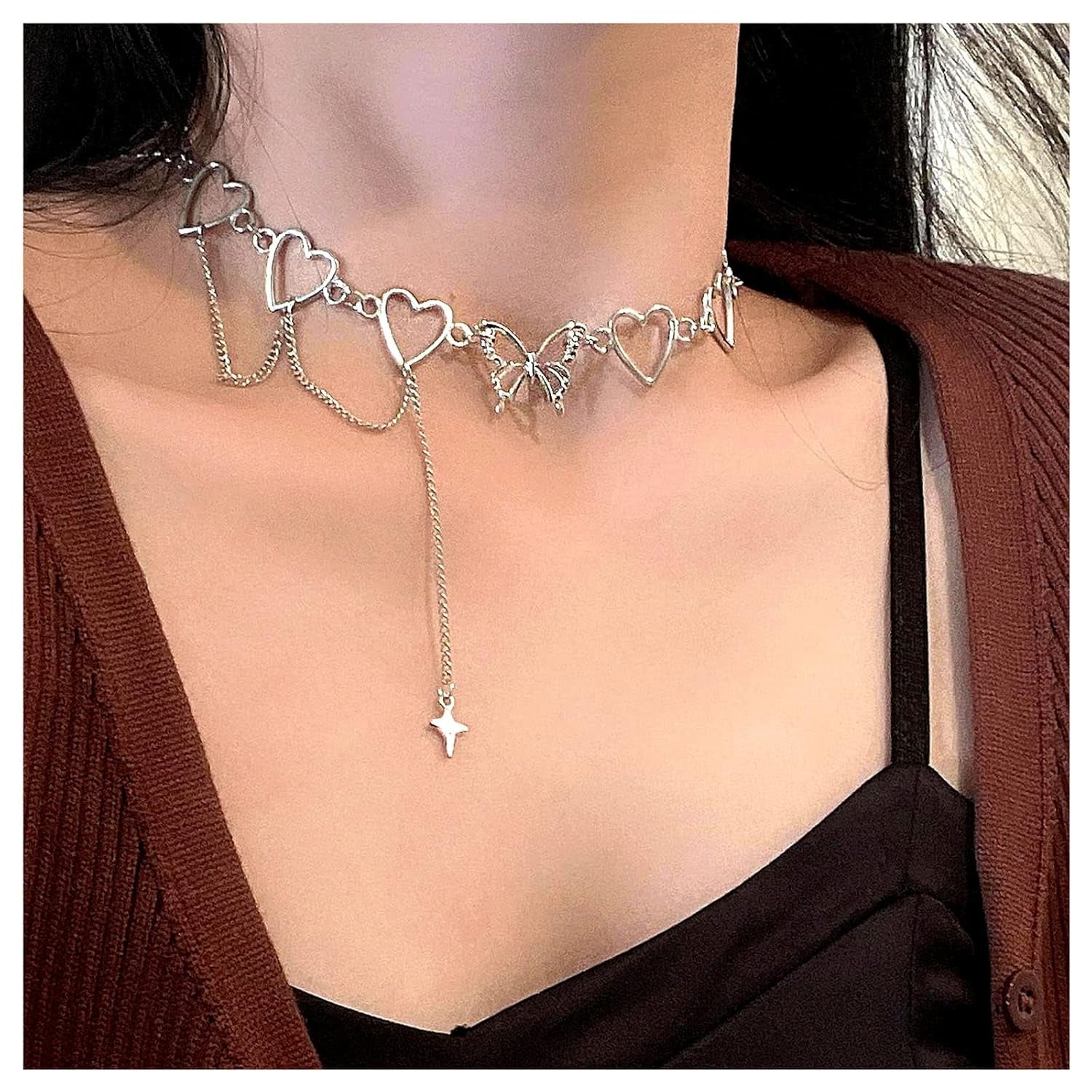 Schmetterlings-Herz-Halsband-Halskette Punk-Lariat-Kreis-Halsketten-Ketten-Höhlen-Stern-Liebes-Herz-Kragen-Schmucksachen Für Frauen-Mädchen (Silber A)