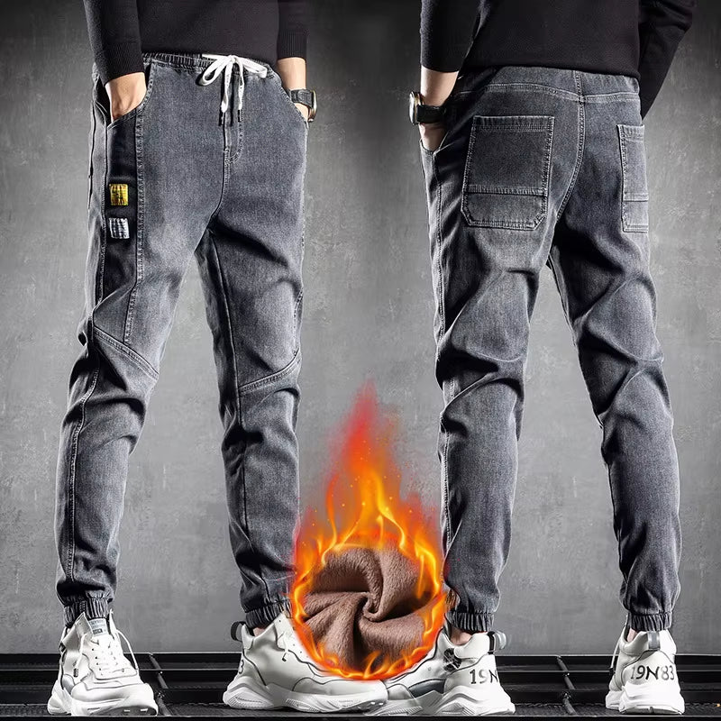 Neue Winter Dicke Fleece Warme Cargo Jeans Männer Schwarz Denim Jogger Baggy Harem Hosen Thermische Jean Hosen plus Größe