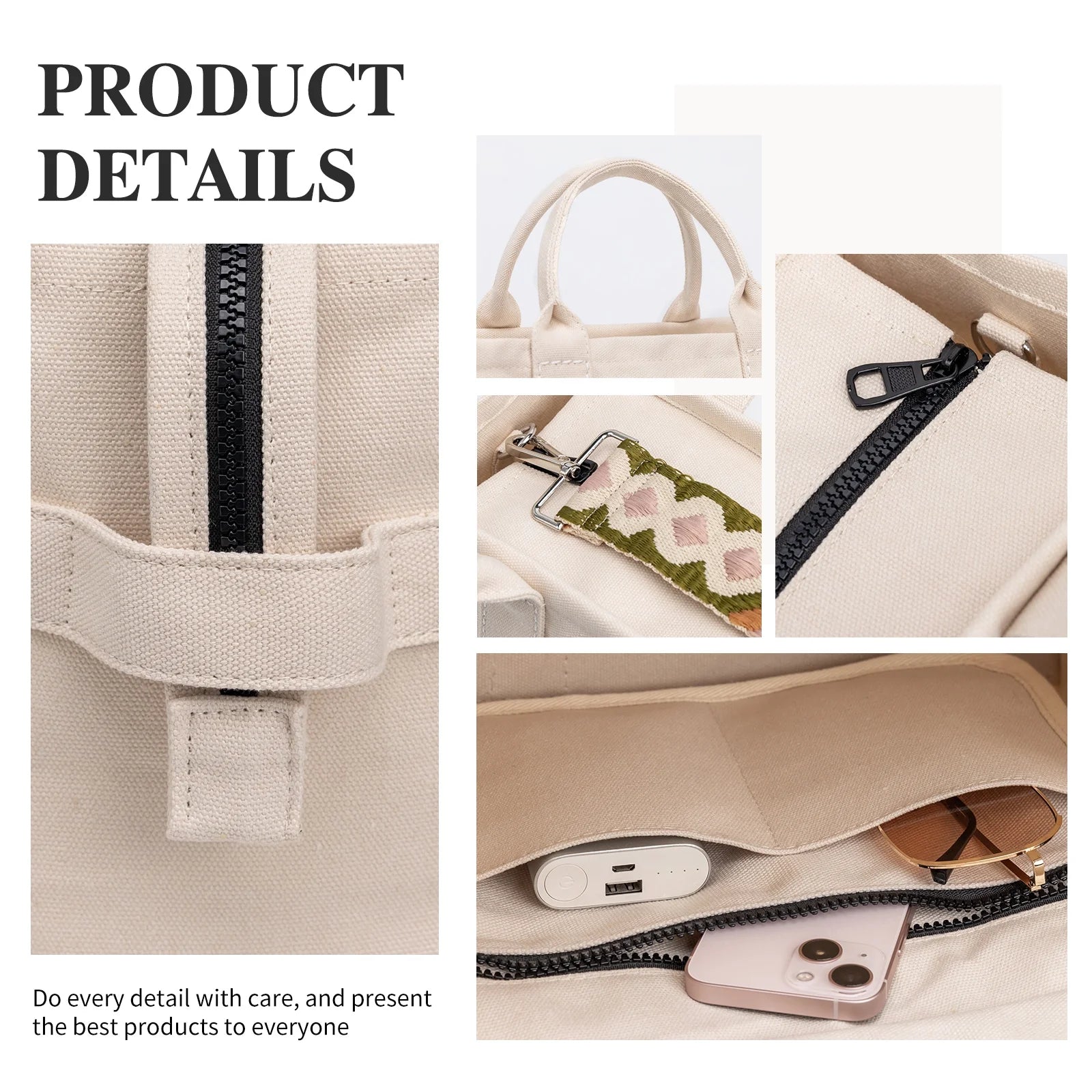 Women Large Canvas the Tote Bag Girls Zipper Crossbody Handbag for School and Travel White