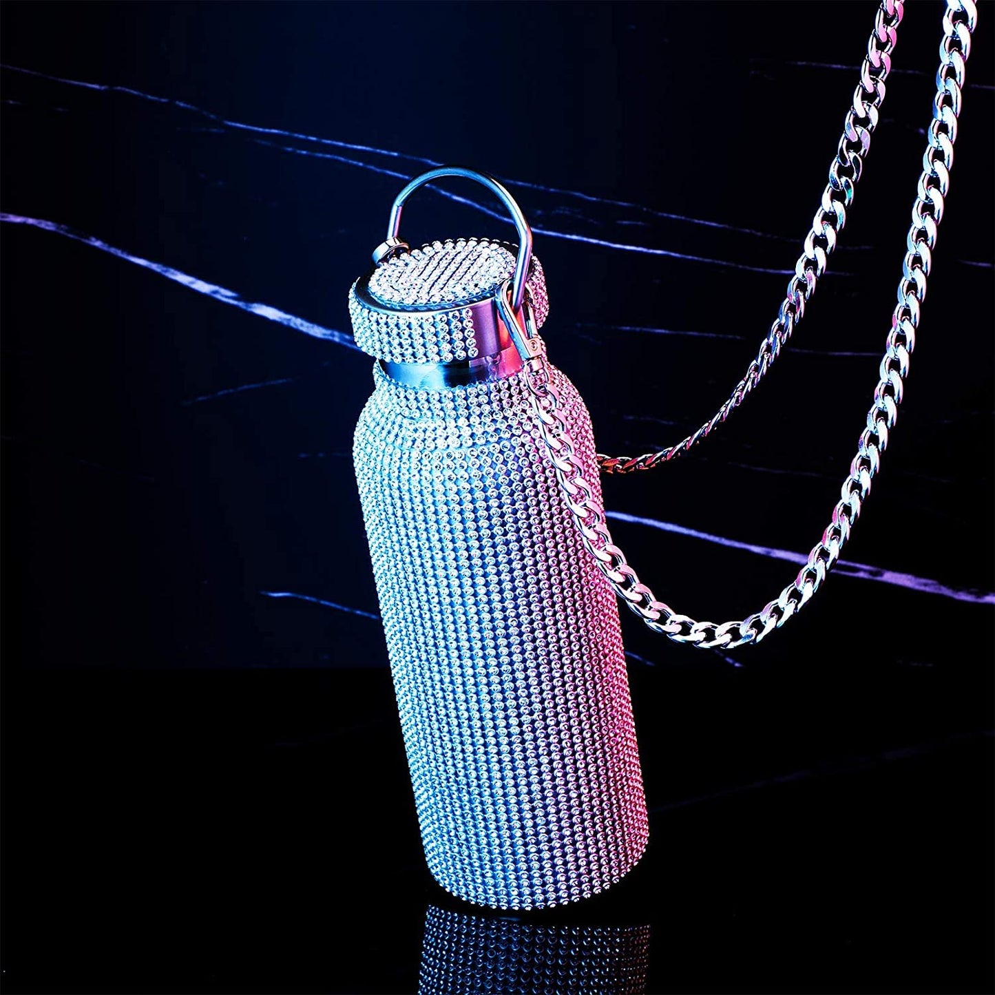 Diamond Thermal Water Bottle Bling Rhinestone Stainless Steel Refillable Insulated Glitter Bottle with Chain for Women Girls Gifts (Silver, 500 Ml)