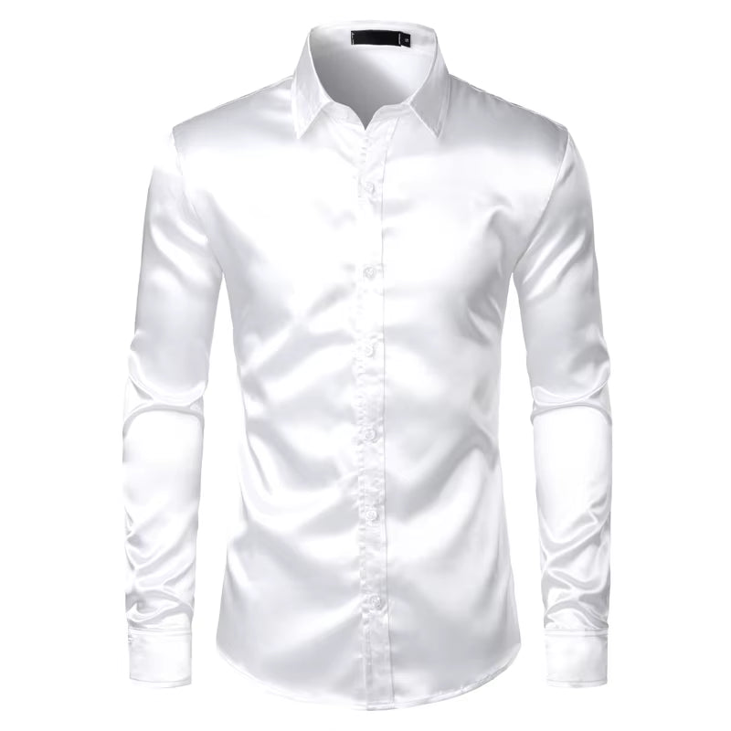 Männer Schwarz Satin Luxus Kleid Shirts 2023 Seide Glatte Männer Smoking Hemd Slim Fit Hochzeit Party Prom Casual Hemd Chemise Homme