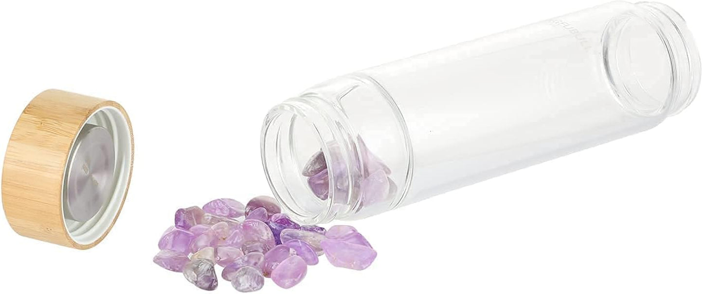 Healing Crystal Water Bottle, Glass Water Bottle with Crystal, Crystal Elixir Water Bottle with Tea Infuser, Gem Stones Cup Tumbler, Amethyst, Rose Quartz, Spiritual Gifts for Women