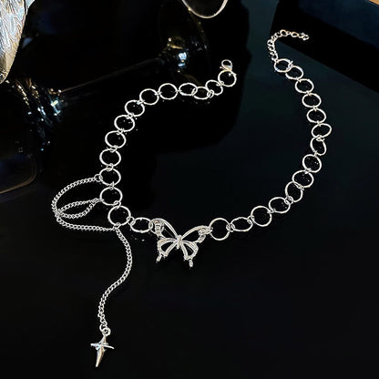 Schmetterlings-Herz-Halsband-Halskette Punk-Lariat-Kreis-Halsketten-Ketten-Höhlen-Stern-Liebes-Herz-Kragen-Schmucksachen Für Frauen-Mädchen (Silber B)