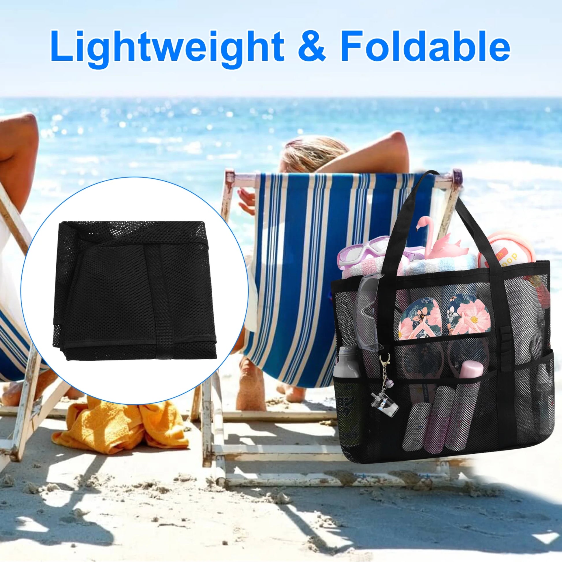 Mesh Beach Bag,  Large Mesh Beach Tote Bag with 9 Pockets, Swimming Travel Tote Bag, Foldable Beach Duffle Bag, Black