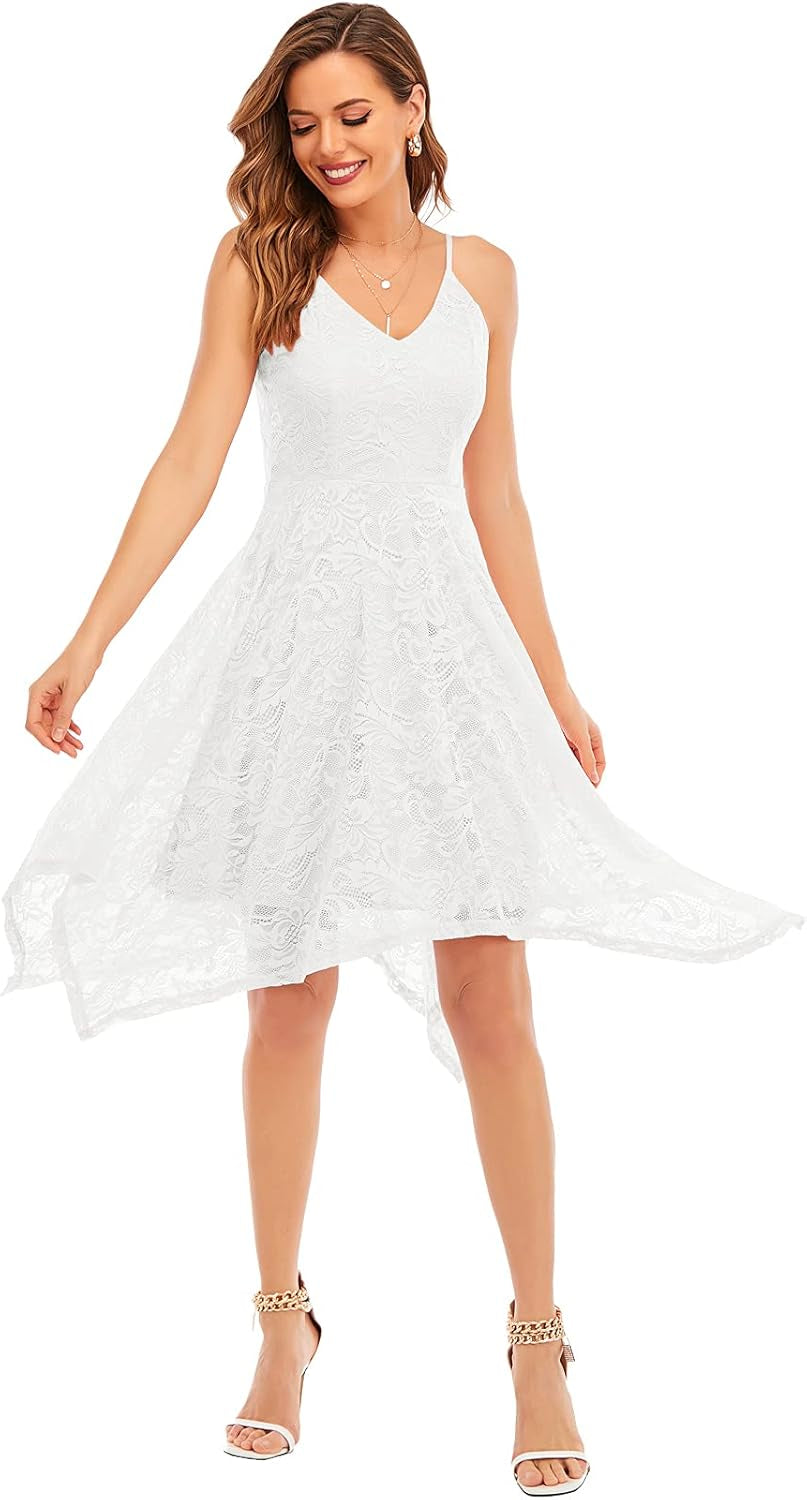 Women'S Lace Cocktail Dresses Adjustable Spaghetti Strap Backless Handkerchief Hem Asymmetrical Dress