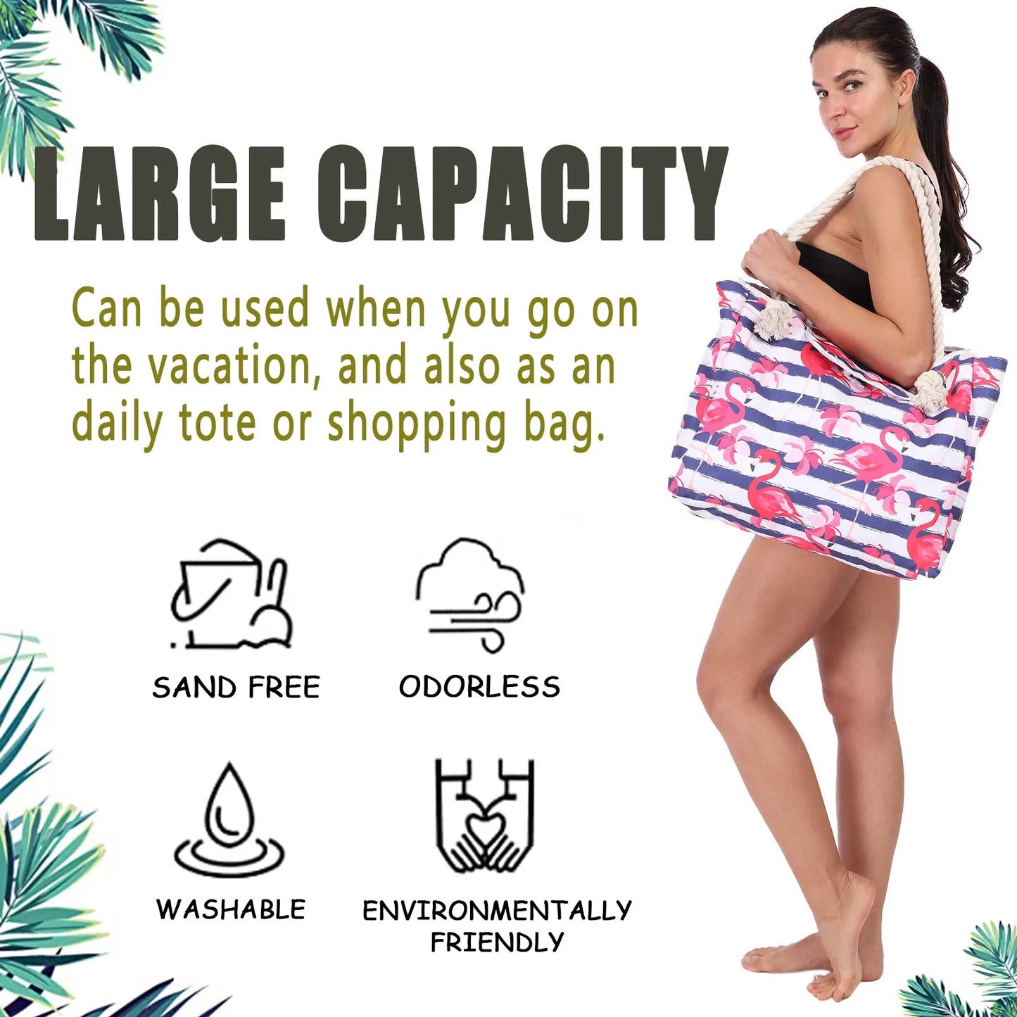 Large Beach Bags for Women Waterproof Tote Bag with Zipper Carry on Bag for Vacation Travel