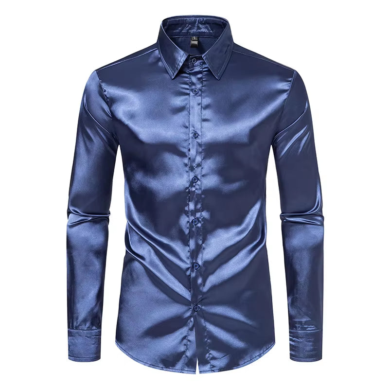 Männer Schwarz Satin Luxus Kleid Shirts 2023 Seide Glatte Männer Smoking Hemd Slim Fit Hochzeit Party Prom Casual Hemd Chemise Homme