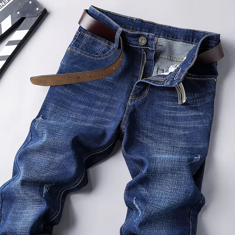 Hohe Qualität Dunkelblau Print Zerrissene Jeans Männer Original Marke Jeans Masculino Denim Hosen Männer Moto Biker Jeans