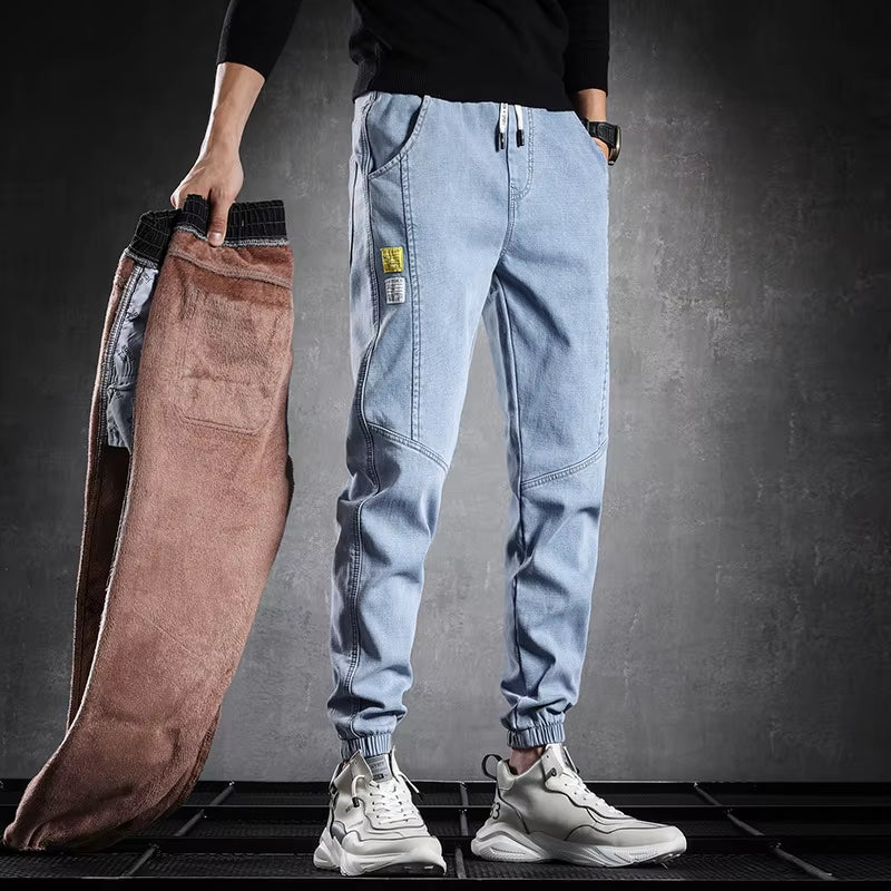 Neue Winter Dicke Fleece Warme Cargo Jeans Männer Schwarz Denim Jogger Baggy Harem Hosen Thermische Jean Hosen plus Größe