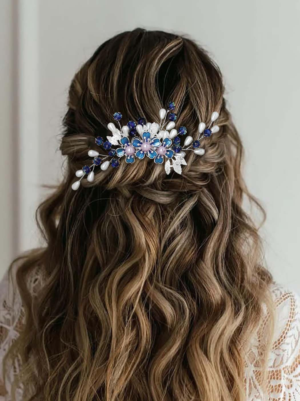 IYOU Blume Hochzeit Haar Kämme Marineblau Perle Braut Haarteil Florales Blatt Haarteil Bräute Brautjungfer Haarschmuck Für Frauen