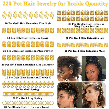 220 Stück Gold-Haarschmuck Für Zöpfe, Loc Schmuck Für Haar-Dreadlock, Haaranhänger Für Frauen, Metall-Gold-Zöpfe, Ringe, Manschetten-Clips Für Dreadlock-Zubehör, Haar-Zöpfe