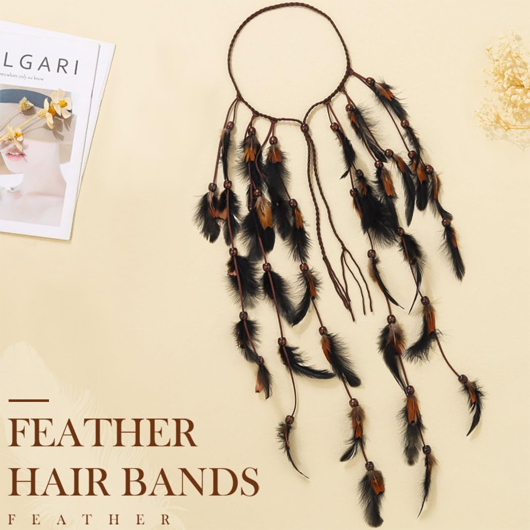 Yean Boho-Feder-Stirnbänder, Quasten-Haarband, Indische Federn, Kopfschmuck, Perlen, Haarkette, Rave-Halloween-Haarschmuck Für Damen (Schwarz)