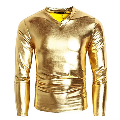 Männer V Neck Splitter Metallic Shiny T Hemd Disco Nachtclub Prom Lange Hülse T-Shirt Homme Hüfte Hop Halloween Karneval Streetwear