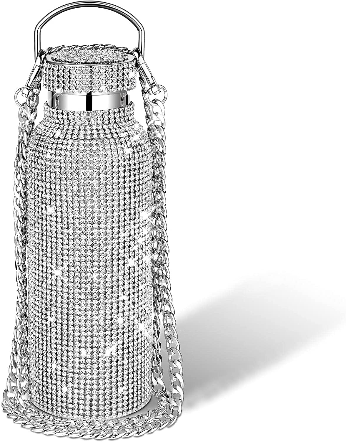 Diamond Thermal Water Bottle Bling Rhinestone Stainless Steel Refillable Insulated Glitter Bottle with Chain for Women Girls Gifts (Silver, 500 Ml)