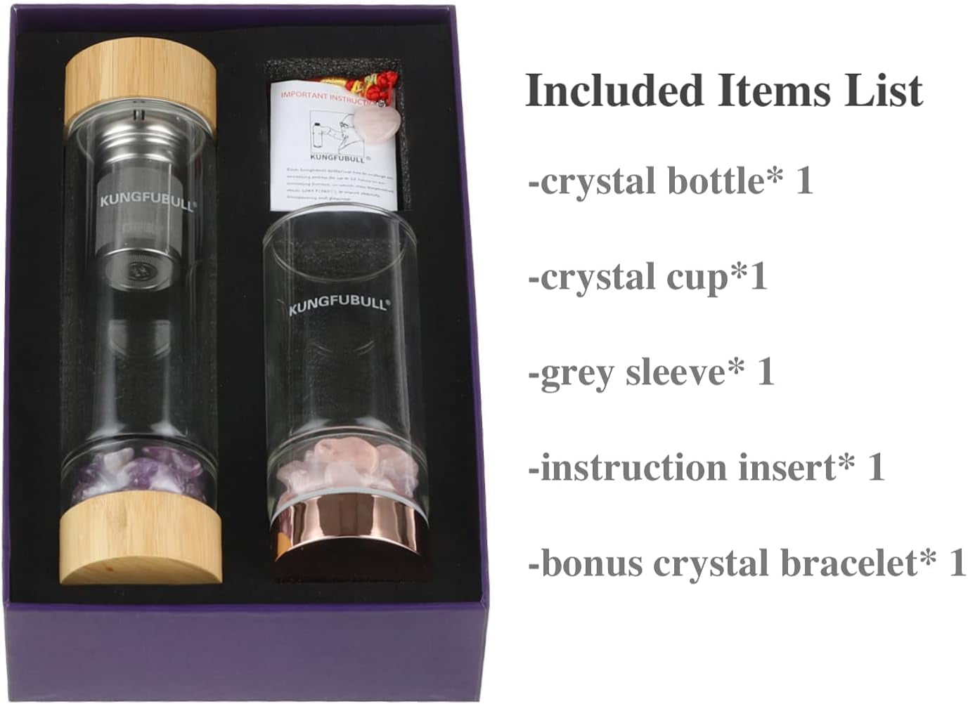 Healing Crystal Water Bottle, Glass Water Bottle with Crystal, Crystal Elixir Water Bottle with Tea Infuser, Gem Stones Cup Tumbler, Amethyst, Rose Quartz, Spiritual Gifts for Women