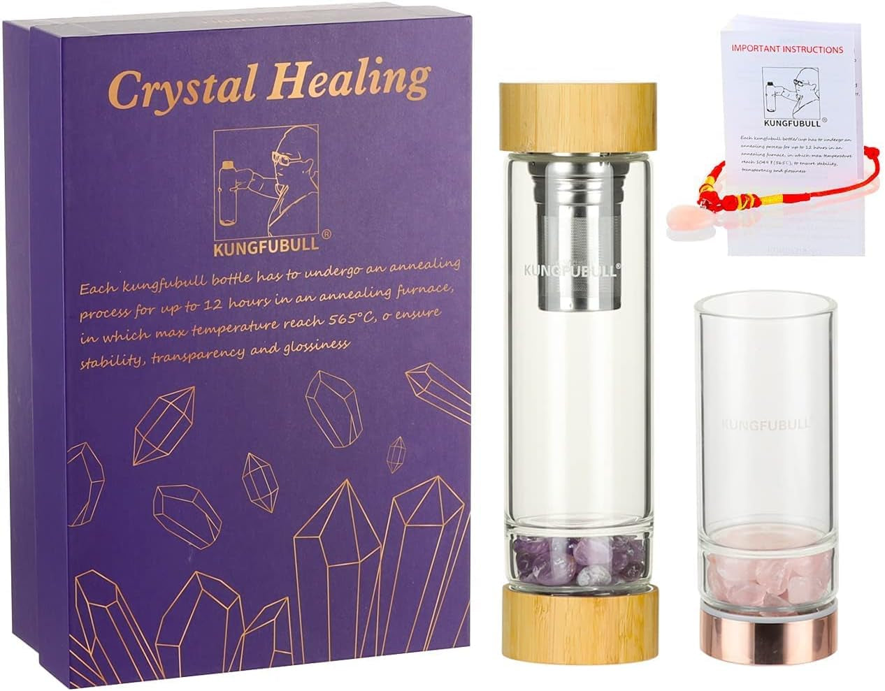 Healing Crystal Water Bottle, Glass Water Bottle with Crystal, Crystal Elixir Water Bottle with Tea Infuser, Gem Stones Cup Tumbler, Amethyst, Rose Quartz, Spiritual Gifts for Women