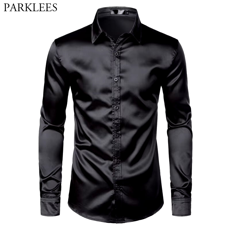 Männer Schwarz Satin Luxus Kleid Shirts 2023 Seide Glatte Männer Smoking Hemd Slim Fit Hochzeit Party Prom Casual Hemd Chemise Homme