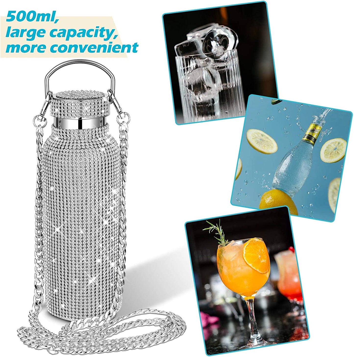 Diamond Thermal Water Bottle Bling Rhinestone Stainless Steel Refillable Insulated Glitter Bottle with Chain for Women Girls Gifts (Silver, 500 Ml)