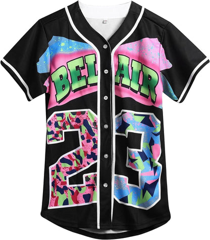 90S Clothing for Women,Unisex Hip Hop Outfit for Party,Bel Air Baseball Jersey,Short Sleeve Button down Shirt