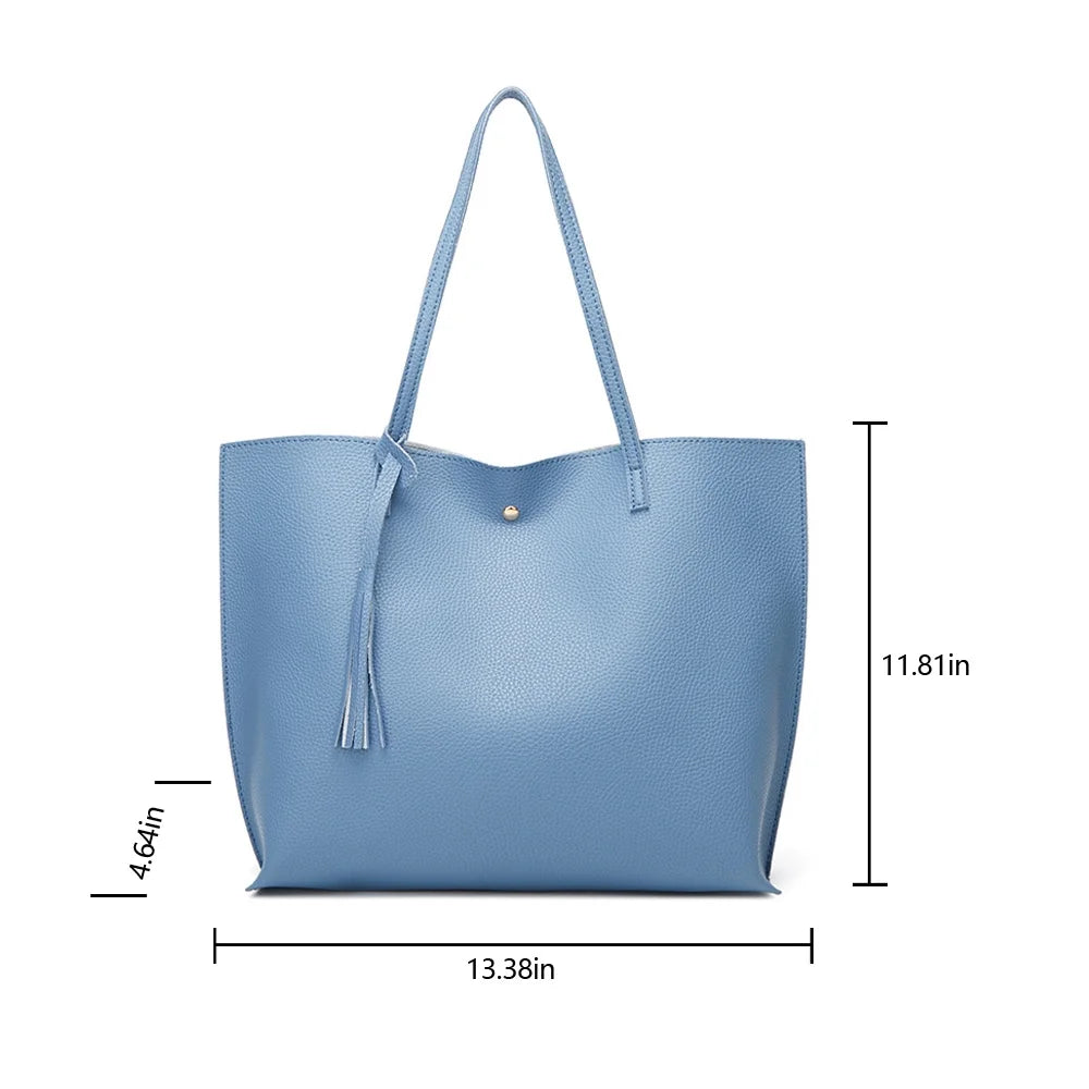 Women PU Leather Tote Bag Tassels Leather Shoulder Handbags Fashion Ladies Purses Satchel Messenger Bag for Woman Work (Light Blue)