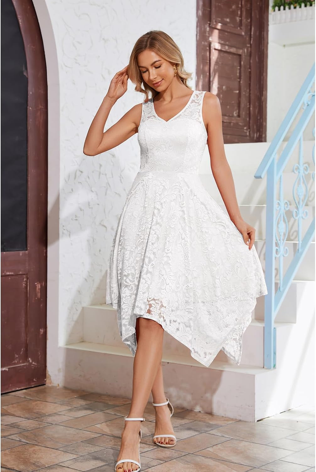 Women'S Cocktail Party Dresses 2025 Handkerchief Hem Lace Formal Wedding Guest Bridesmaid Fancy Prom Dress