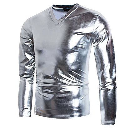 Männer V Neck Splitter Metallic Shiny T Hemd Disco Nachtclub Prom Lange Hülse T-Shirt Homme Hüfte Hop Halloween Karneval Streetwear