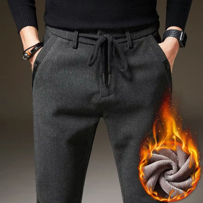 2024 Winter Neue Herren Warme Freizeit Hose Mode Gebürsteten Stoff Dicken Fleece Marke Schlanke Bürohose Männlich Schwarz