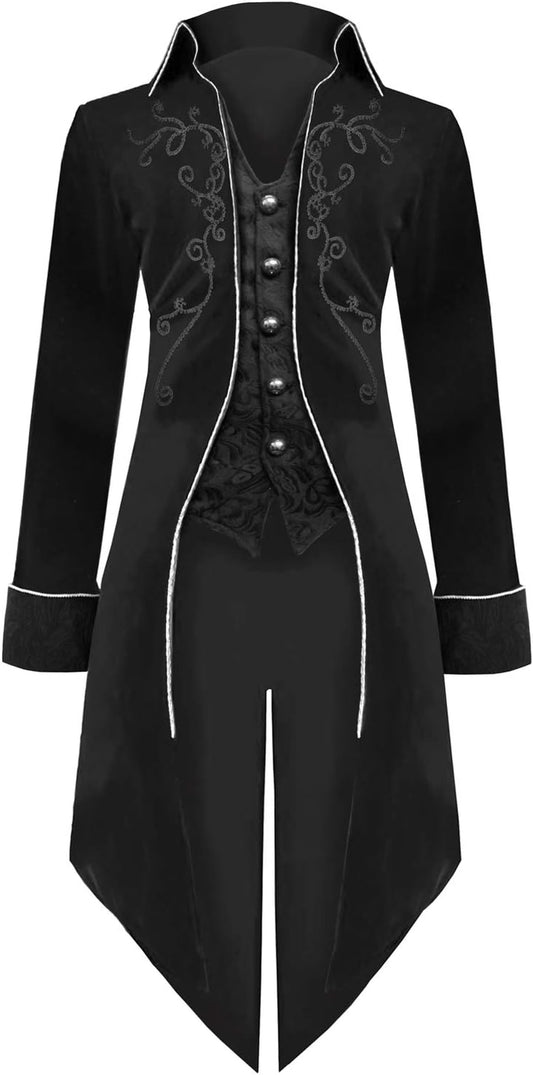 Men'S Gothic Tailcoat Victorian Costume Steampunk Jacket, Renaissance Pirate Vampire Frock Velvet Coat for Halloween(Black,Xxl)