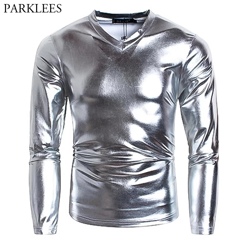 Männer V Neck Splitter Metallic Shiny T Hemd Disco Nachtclub Prom Lange Hülse T-Shirt Homme Hüfte Hop Halloween Karneval Streetwear