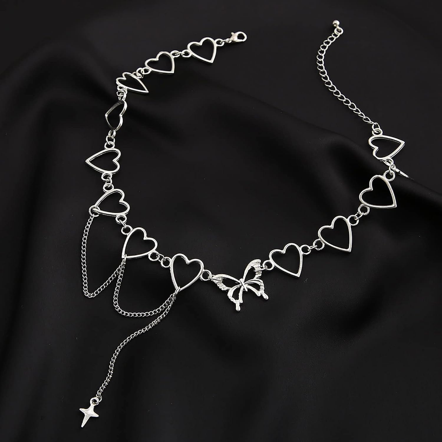 Schmetterlings-Herz-Halsband-Halskette Punk-Lariat-Kreis-Halsketten-Ketten-Höhlen-Stern-Liebes-Herz-Kragen-Schmucksachen Für Frauen-Mädchen (Silber A)