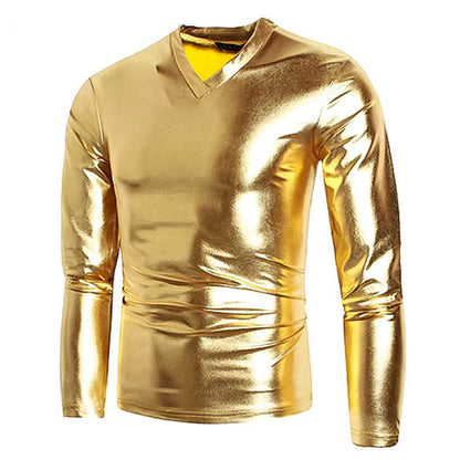 Männer V Neck Splitter Metallic Shiny T Hemd Disco Nachtclub Prom Lange Hülse T-Shirt Homme Hüfte Hop Halloween Karneval Streetwear