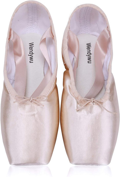 Professional Ballet Pointe Shoe for Kids Girl and Ladies Pink PU Soled Ballet Pointe Dance Shoes with Toe Pads