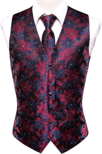 Mens Silk Suit Vest and Tie Handkerchief Set Jacquard Formal Dress Waistcoat for Wedding Party Tuxedo